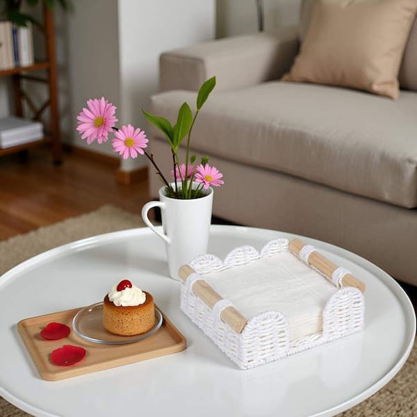 Anqtovp Handwoven Paper Rope Mount White Scalloped Edge Napkin Holder Decorative Bathroom Table Tray Eco-Friendly