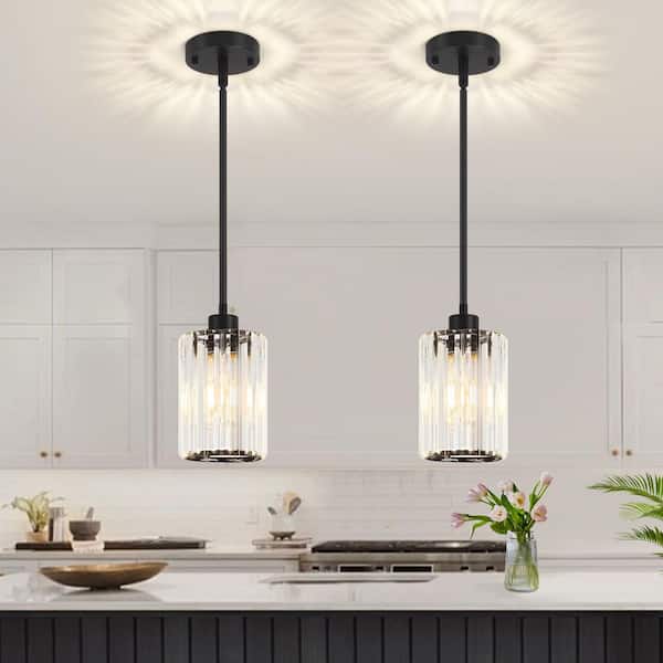 1-Light Black Modern Pendant Light with Crystal Glass Shades and Adjustable Height (2-Pieces)