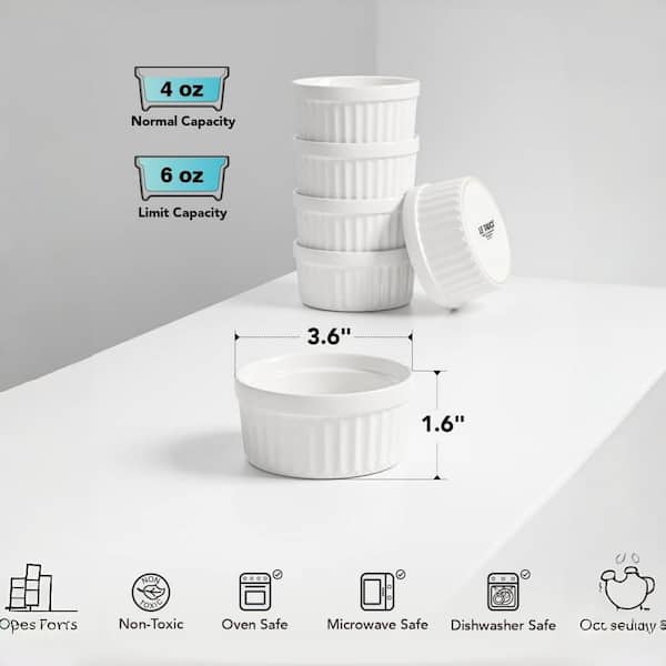 4 oz. Ceramic Ramekins for Creme Brulee, Pudding, Souffle, Baking and Dipping Sauce Dishes, White (6-Pack)