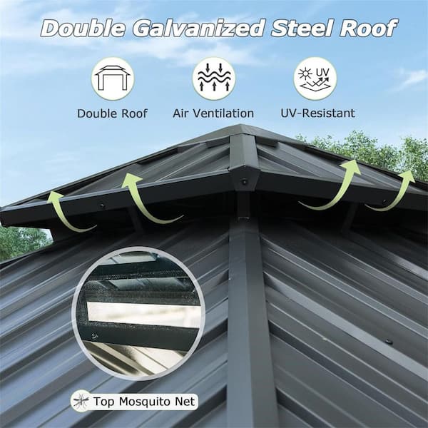 10 ft. x 10 ft. Gray Hardtop Gazebo, Aluminum Metal Gazebo with Galvanized Steel Double Roof Canopy, Curtain and Netting