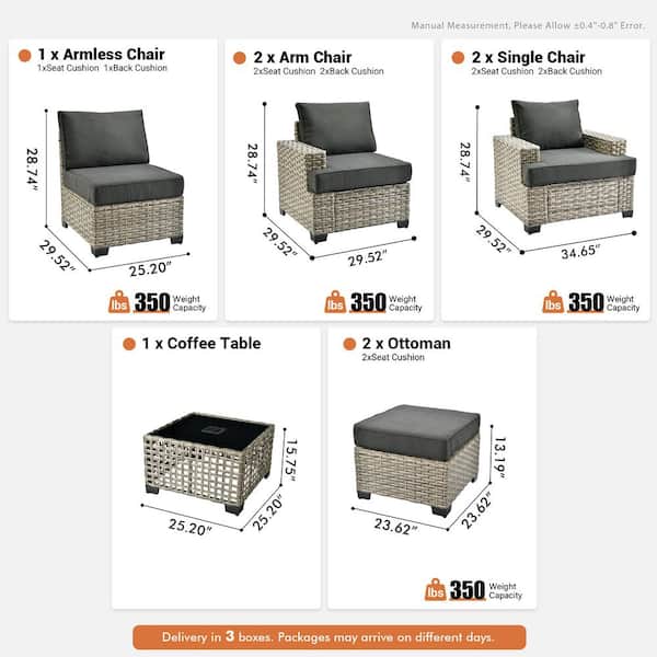 Caodoc Silvae Gray 8-Piece Wicker Outdoor Sectional Patio Conversation Sets with Single Chair & Black Cushion & Ottoman