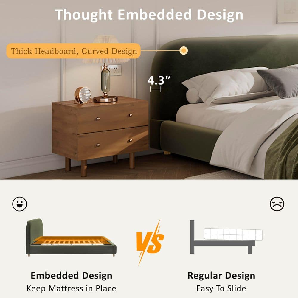 Solara Olive Green Wood Frame King Size Upholstered Platform Bed with Curve-Shaped Design Headboard - thumbnail 6