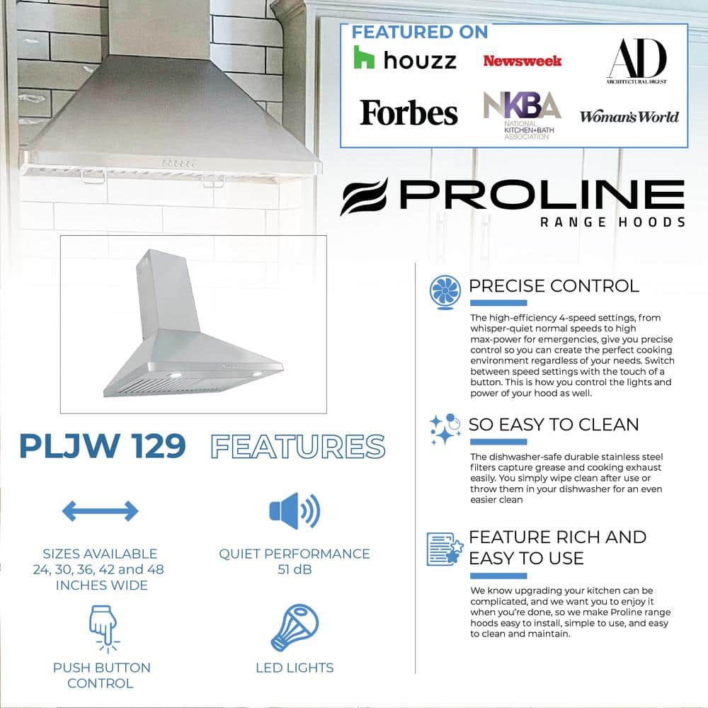 ProLine 36" Brushed Stainless Steel Wall Mount Range Hood