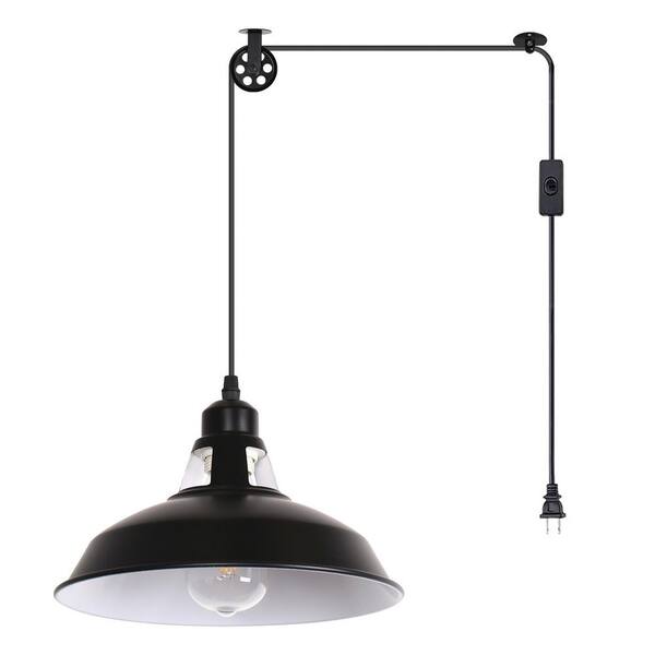 Emeritpro 1.64ft 1-Light Industrial Plug-In Pendant Light with Pulley and Black/White Bowl Shade,Button Switch, No Bulbs Included