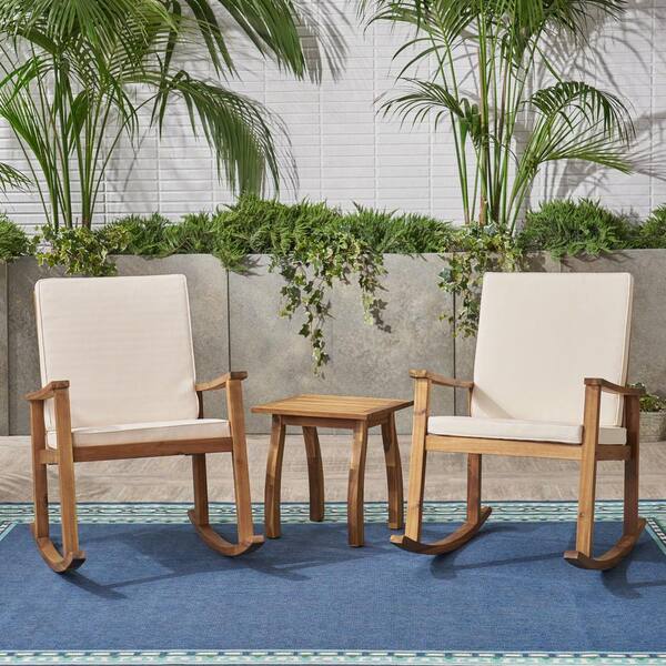 Noble House Candel Teak Brown 3-Piece Wood Outdoor Patio Conversation Seating Set with Cream Cushions