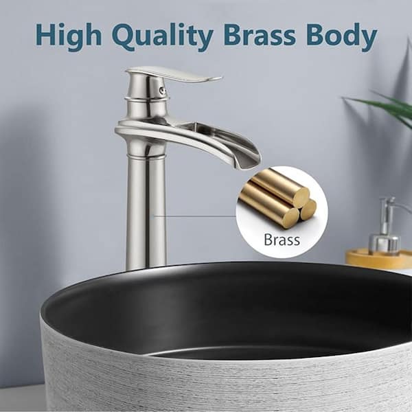 Waterfall Single Handle Single Hole Tall Spout Bathroom Vessel Sink Faucet With Pop-up Drain Assembly in Brushed Nickel