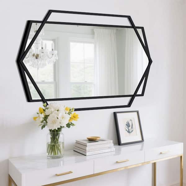 30 in. W x 40 in. H Hexagonal Rectangular Black Metal Frame Decorative Mirror Bathroom Mirror Wall Mirror