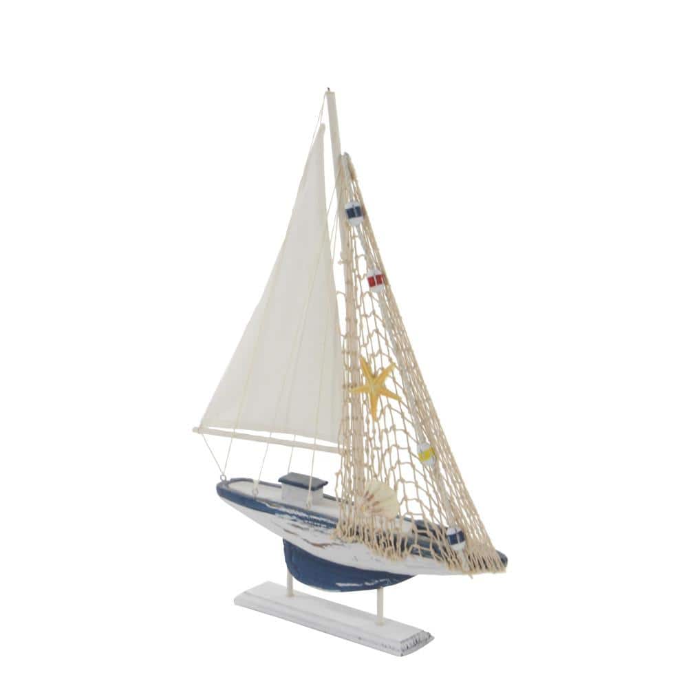 White and Blue Pine Wood Nautical Sail Boat Sculpture Set