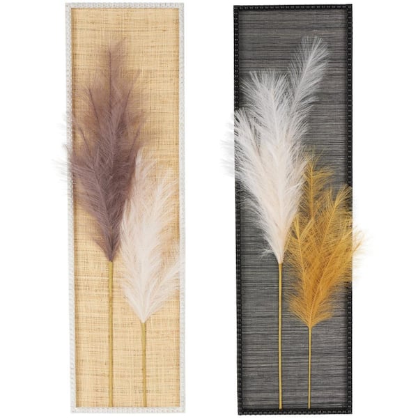 Litton Lane Wood Brown Handmade 3D Pampas Stem Leaf Wall Art Decor with Textured Backing and Beaded Frame (Set of 2)