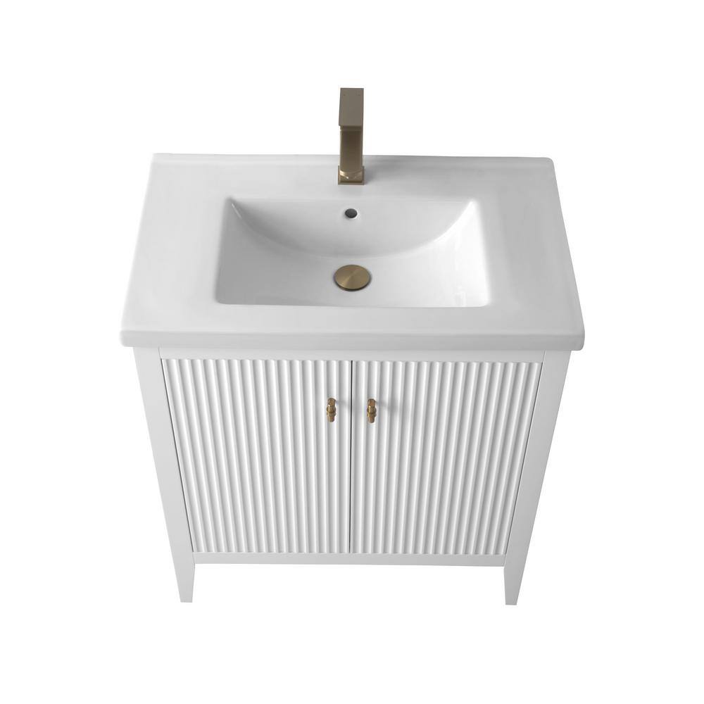 30" White Solid Wood Freestanding Bathroom Vanity with Ceramic Top