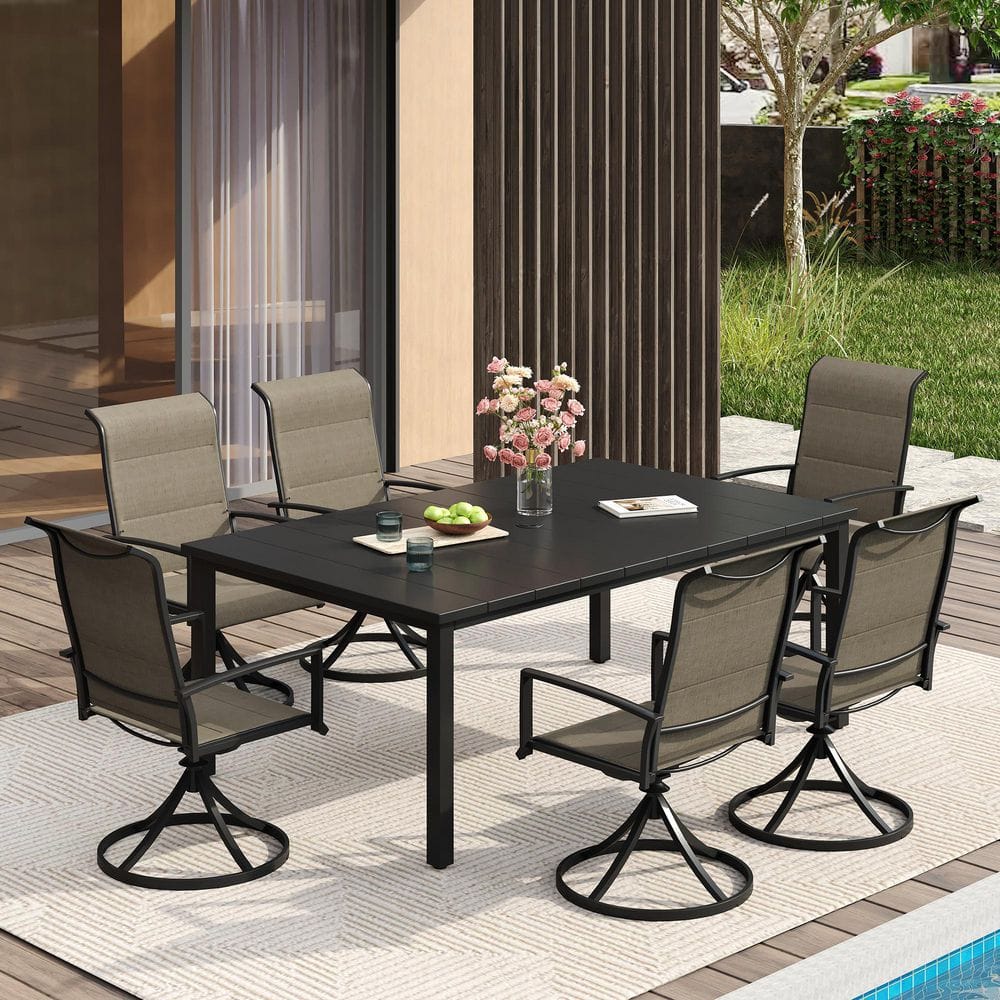 7-Piece Metal Outdoor Dining Set with 63 in. Black Rectangle Table and 6 Brown Swivel Dining Chairs for 6 Person price history on PriceWatchPro