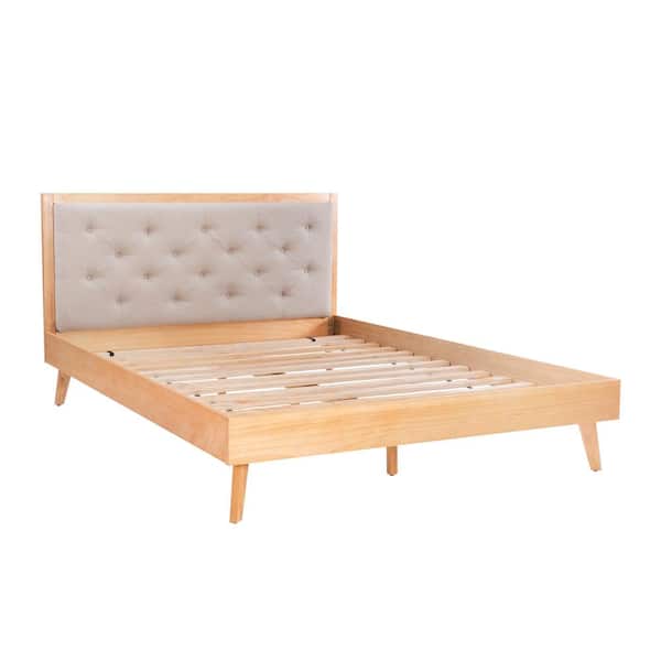 Linon Home Decor Ames Mid-Century Natural Wood Frame Queen Platform Bed with Oatmeal Tufted Headboard