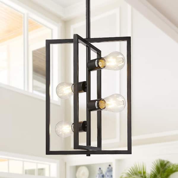 Magic Home 4-Light Black Modern Geometric Metal Ceiling Light Foyer Lighting Fixture Chandelier for Dining Room Kitchen Island