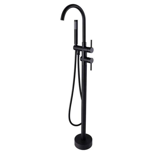 cadeninc Double Handle Floor Mounted Bathtub Faucet with Hand Shower in Matte Black