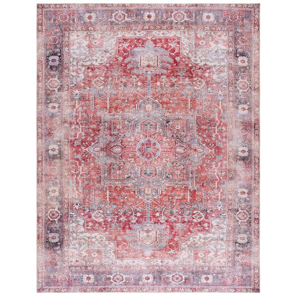 Vintage Serapi Red Orange/Gray 9 ft. x 12 ft. Machine Washable Distressed Ornate Medallion Area Rug