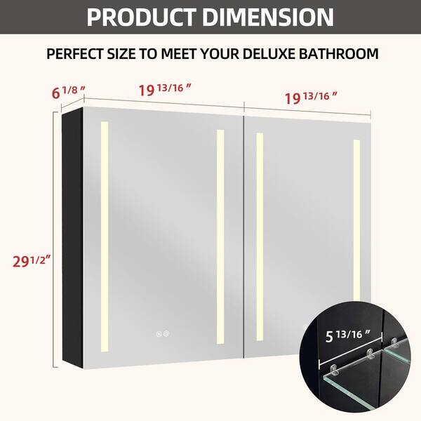 Ember 40 in. W x 30 in. H Rectangular Black Aluminum Surface Mount Anti-fog Led Bathroom Medicine Cabinet with Mirror