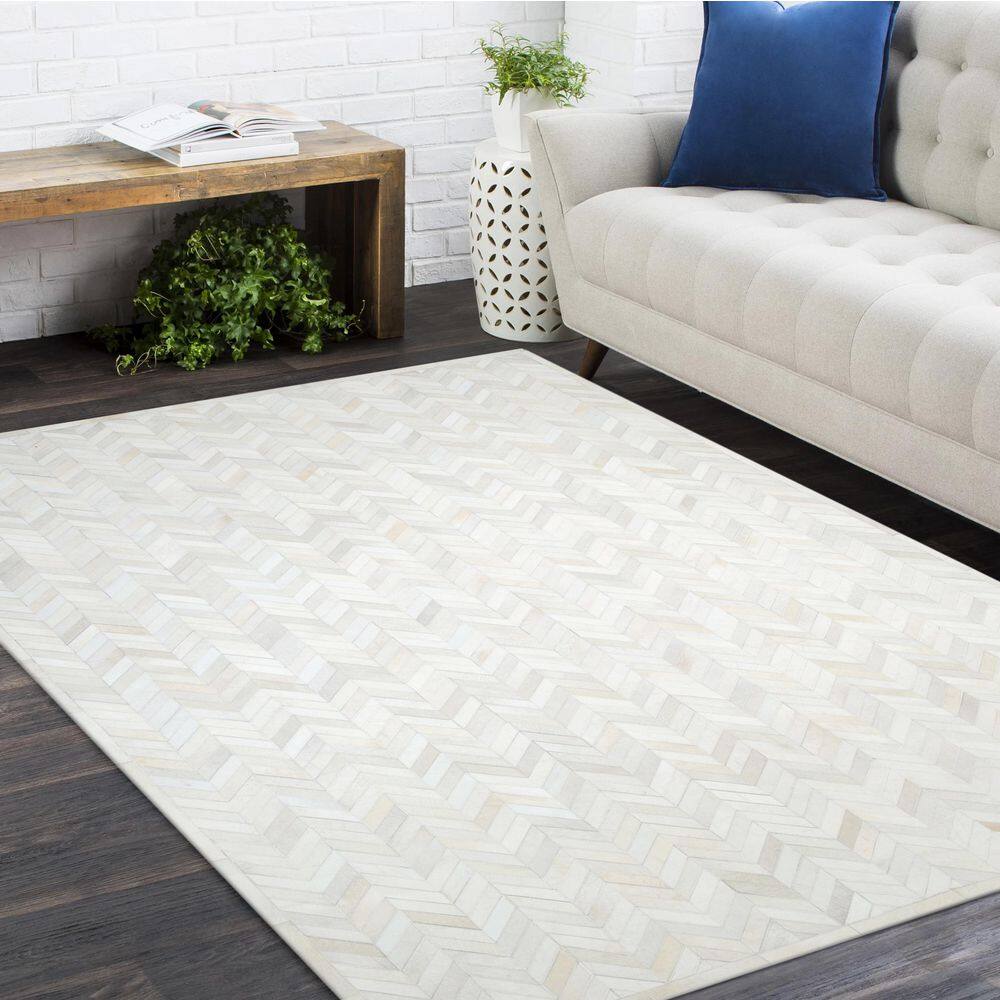 Meir Handmade Ivory Geometric 9' x 12' Wool & Cowhide Rug