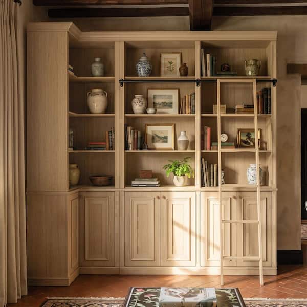 97.6 in. Tall Natural Wood 12-Shelf Accent Bookcase with Sliding Ladder, Lower Paneled Cabinets, Corner Design