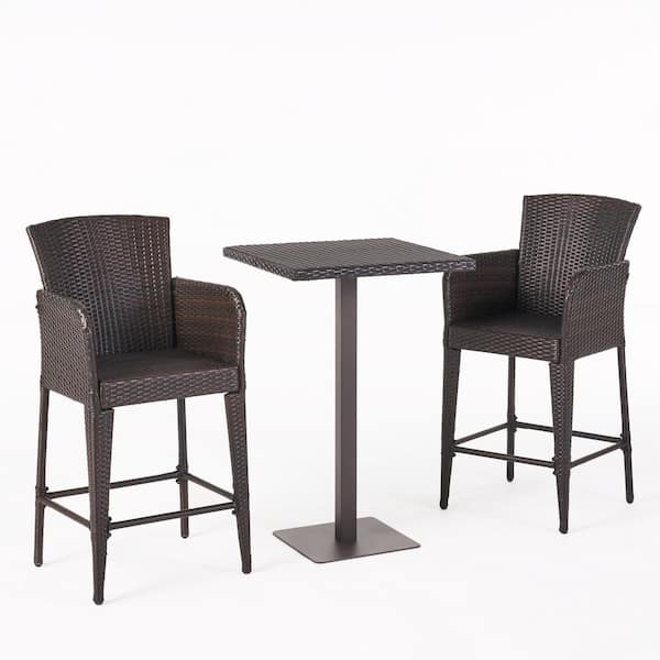 Noble House Leo Multi-Brown 3-Piece Faux Rattan Square 40 in. Outdoor Serving Bar Set