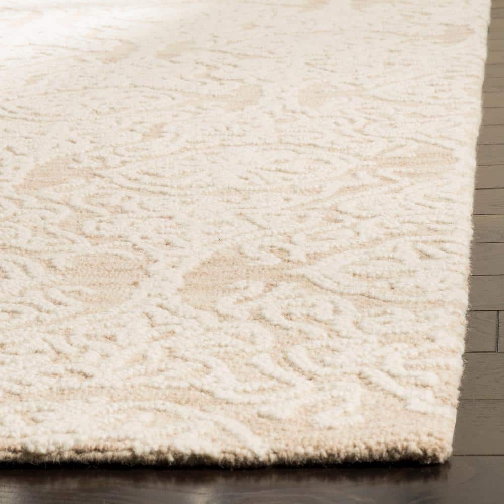 Beige and Ivory Floral Wool 9' x 12' Handmade Tufted Rug