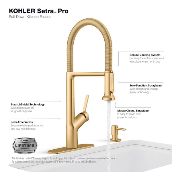KOHLER - Setra Single-Handle Semi-Professional Kitchen Sink Faucet with Soap Dispenser in Vibrant Brushed Moderne Brass