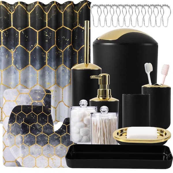 25 Piece PP ABS Bathroom Sink Accessory Set with Honeycomb Marble Shower Curtain Velvet Rugs Toilet Brush Tray