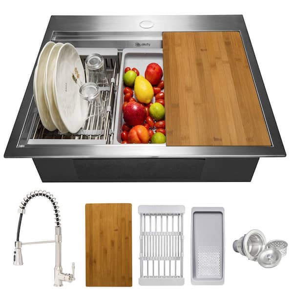 AKDY All-in-One 25 in. x 22 in. Drop-in Stainless Steel Single Bowl Workstation Kitchen Sink with Spring Neck Faucet