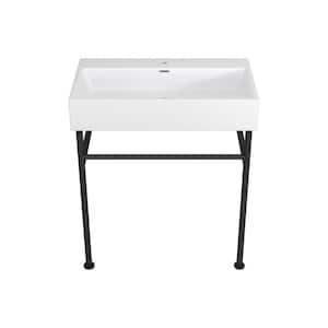 30 in. Ceramic White Single Bowl Console Sink Basin and Leg Combo with Overflow and Pre-Drilled Faucet Hole