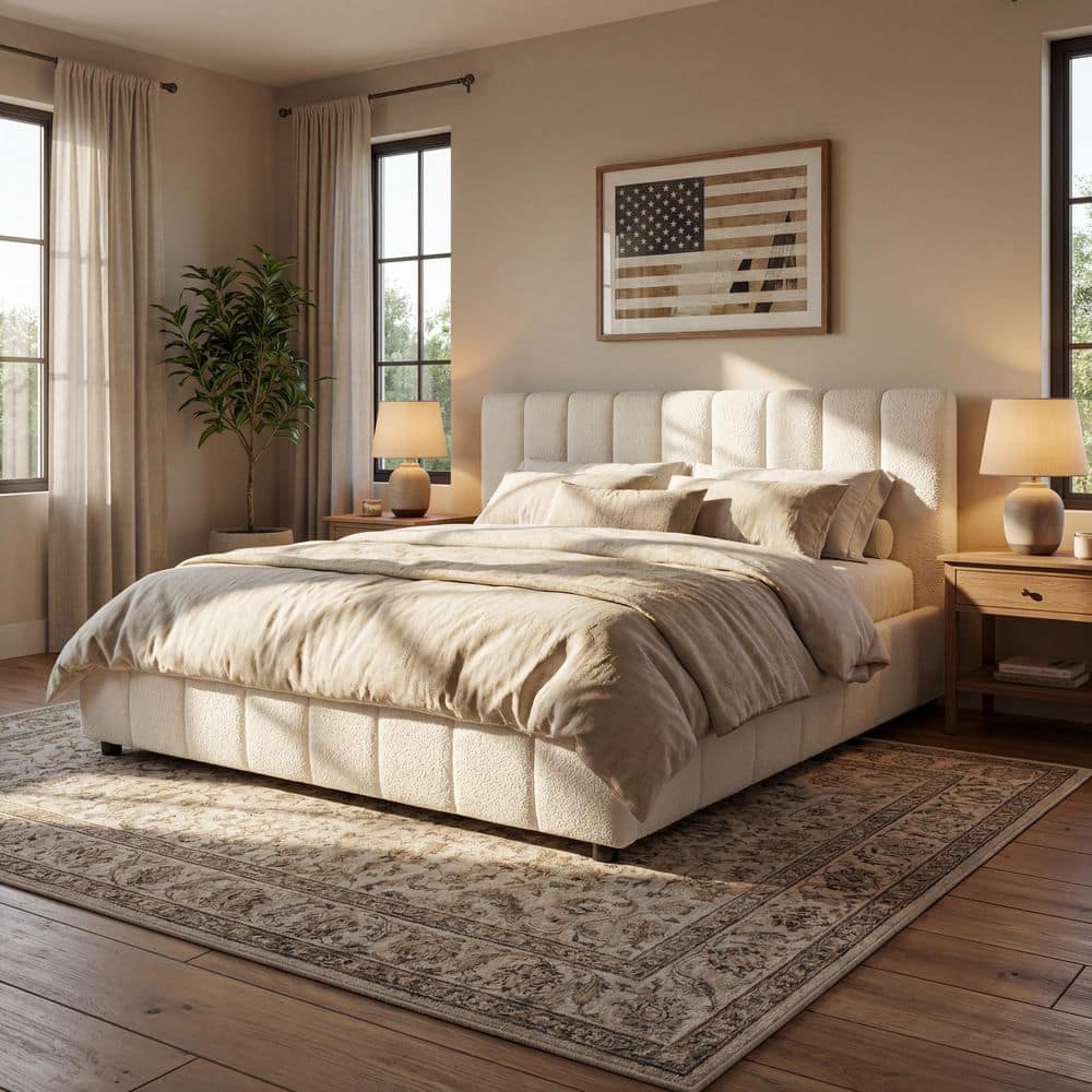 Delmonta Modern Off White Boucle Tufted Fabric Upholstered Wood Frame King Size Platform Bed with Thick Headboard price history on PriceWatchPro