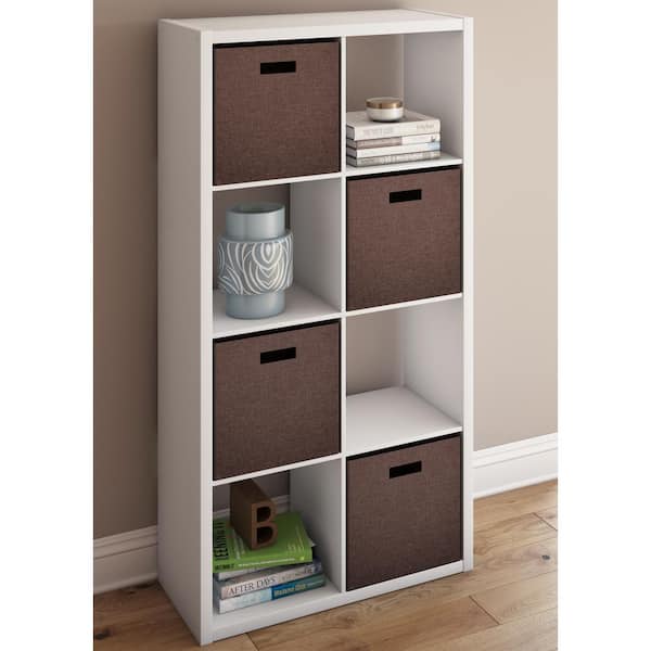 Wooden Cube Shelf Organizer Set Table. Includes Six Fabric Grey