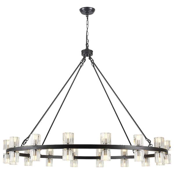 32-Light 49 in. Matte Black Modern Farmhouse Wagon Wheel Chandelier with K9 Crystal Cup Shade, No Bulbs Included