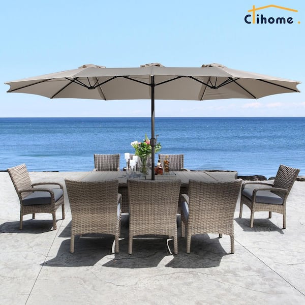 15 ft. Steel Patio Umbrella in Beige, with Base and Sandbags, Weather-Resistant