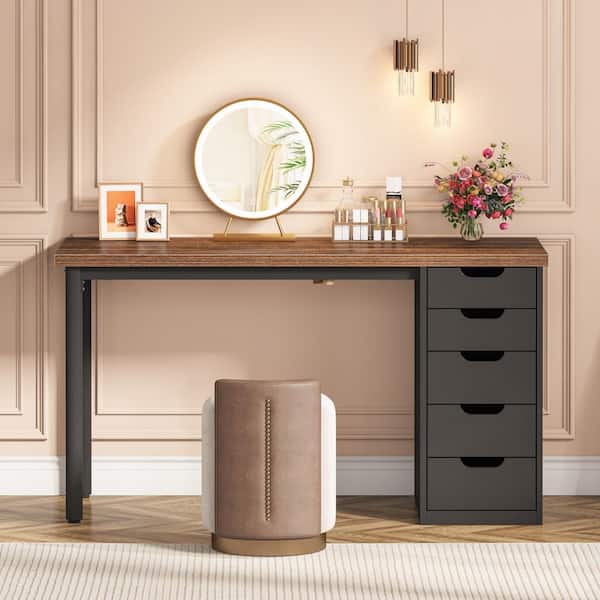 black brown ikea dressing table BYBLIGHT Helotes 47.24 in. and Makeup Vanity Desk w/ 5-Drawers,Modern w/ Reversible Drawers(Only Desk) Lighted mirror