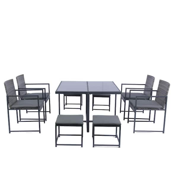 Sudzendf Gray 9-Piece Wicker Outdoor Dining Set with Glass Table Top and Dark Gray Cushion
