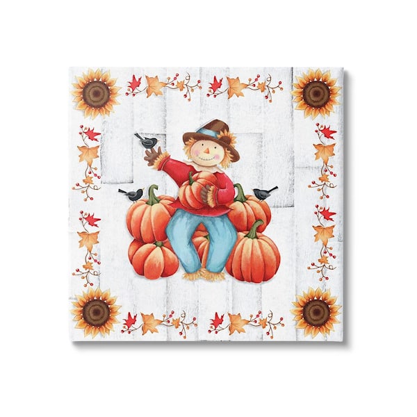 Stupell Industries Autumn Scarecrow and Pumpkins by Emma Leach 1-Piece Unframed Graphic Print Nature Poster Art Print 24 in. x 24 in.