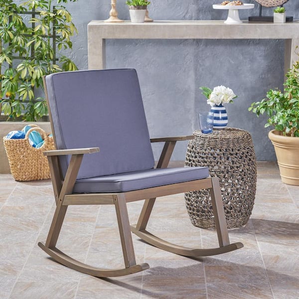 Noble House Champlain Gray Wood Outdoor Rocking Chair with Dark Gray Cushion