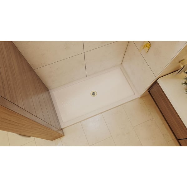 Slimline 60 in. L x 36 in. W Alcove Rectangular Biscuit Shower Pan Base with 2 in. Round Center Drain in Polished Brass