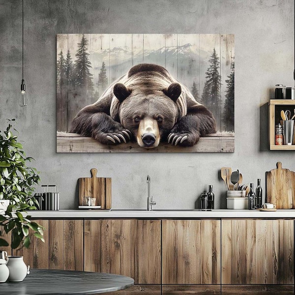 Rustic Bear Canvas Wall Art 36x24 Inch, Brown Vintage Mural, Large