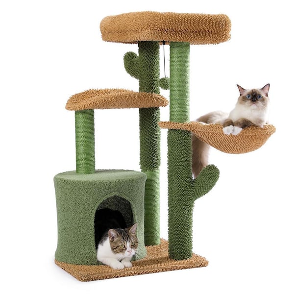 cenadinz Cactus Cat Tree Cat Tower with Sisal Covered Scratching Post, Cozy Condo, Plush Perches and Fluffy Balls