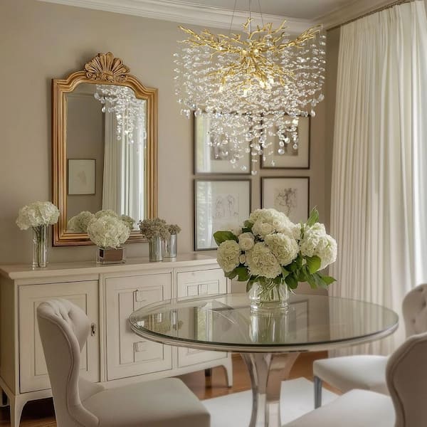 32 in. 10-Light Adjustable Chandelier with Crystal Decoration, Modern Gold Kitchen Island Chandelier, for Living Room