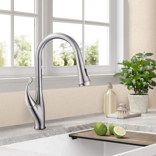 Satico High-arch Gooseneck Single Handle Pull Down Sprayer Kitchen Faucet in Brushed Nickel