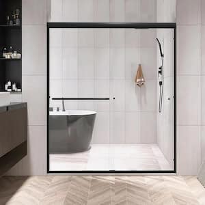 60 in. W x 70 in. H Double Sliding Framed Shower Door in Black with Clear Glass