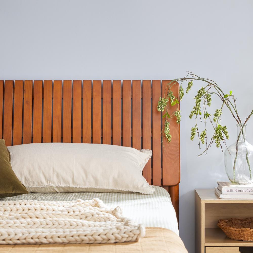 King Brown Pine Wood Upholstered Platform Bed with Slats