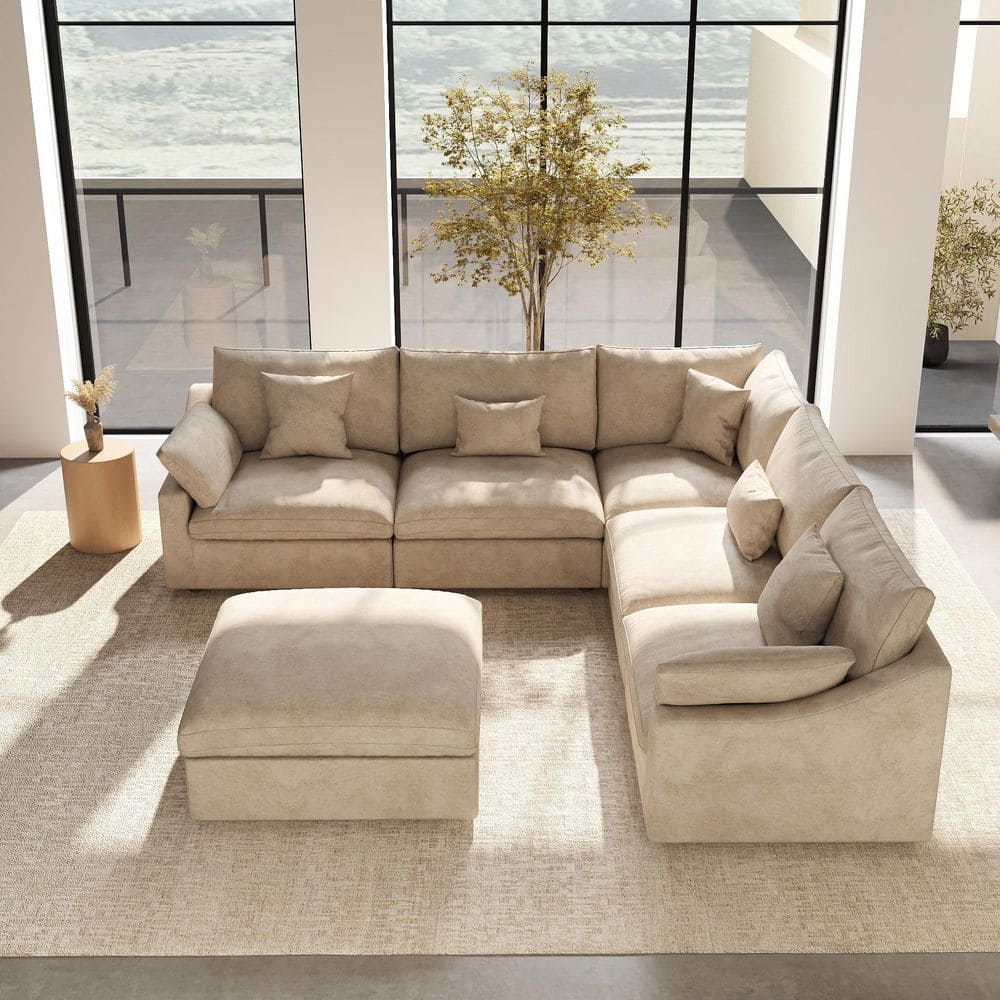 Modular Large 238 in. Flared Arm 6-Piece L-shaped Linen Cloud Couch Sectional Sofa in Khaki with Ottoman, Washabel Cover price history on PriceWatchPro