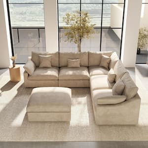 Modular Large 238 in. Flared Arm 6-Piece L-shaped Linen Cloud Couch Sectional Sofa in Khaki with Ottoman, Washable Cover