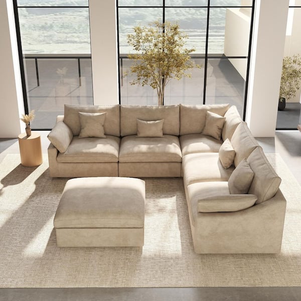 Modular Large 238 in. Flared Arm 6-Piece L-shaped Linen Cloud Couch Sectional Sofa in Khaki with Ottoman, Washabel Cover