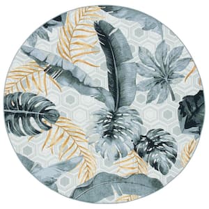 Barbados 8 ft. x 8 ft. Round Gray/Gold Floral Geometric Indoor/Outdoor Area Rug