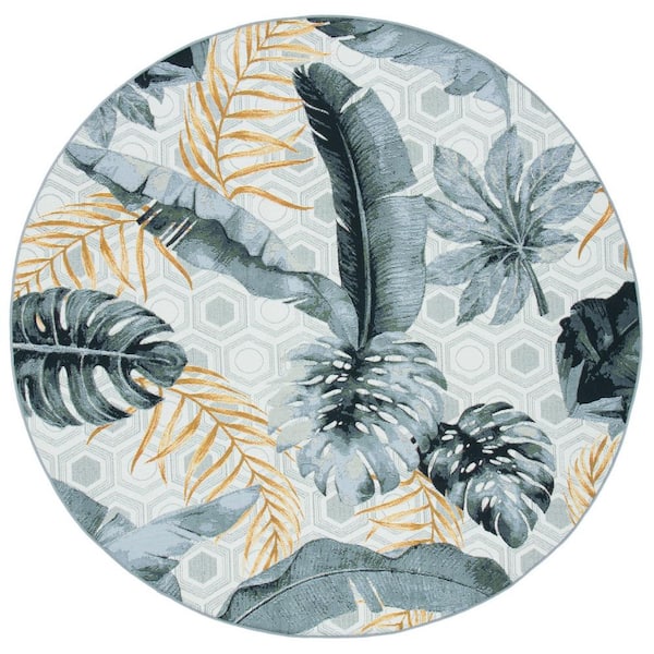 SAFAVIEH Barbados 8 ft. x 8 ft. Round Gray/Gold Floral Geometric Indoor/Outdoor Area Rug