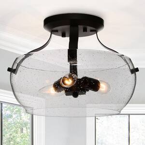 Modern Black Drum Candlestick 3-Light Semi-Flush Mount Ceiling Light with Circle Seeded Glass Shade