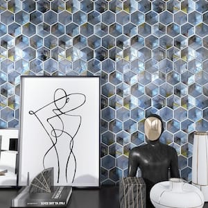 Aurora Blue 10.32 in. x 11.82 Hexagon Glossy Glass Mosaic Tile Sample